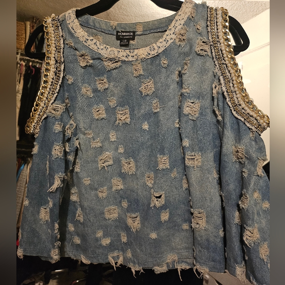 Distressed Denim Cold Shoulder Top - Picture 6 of 7